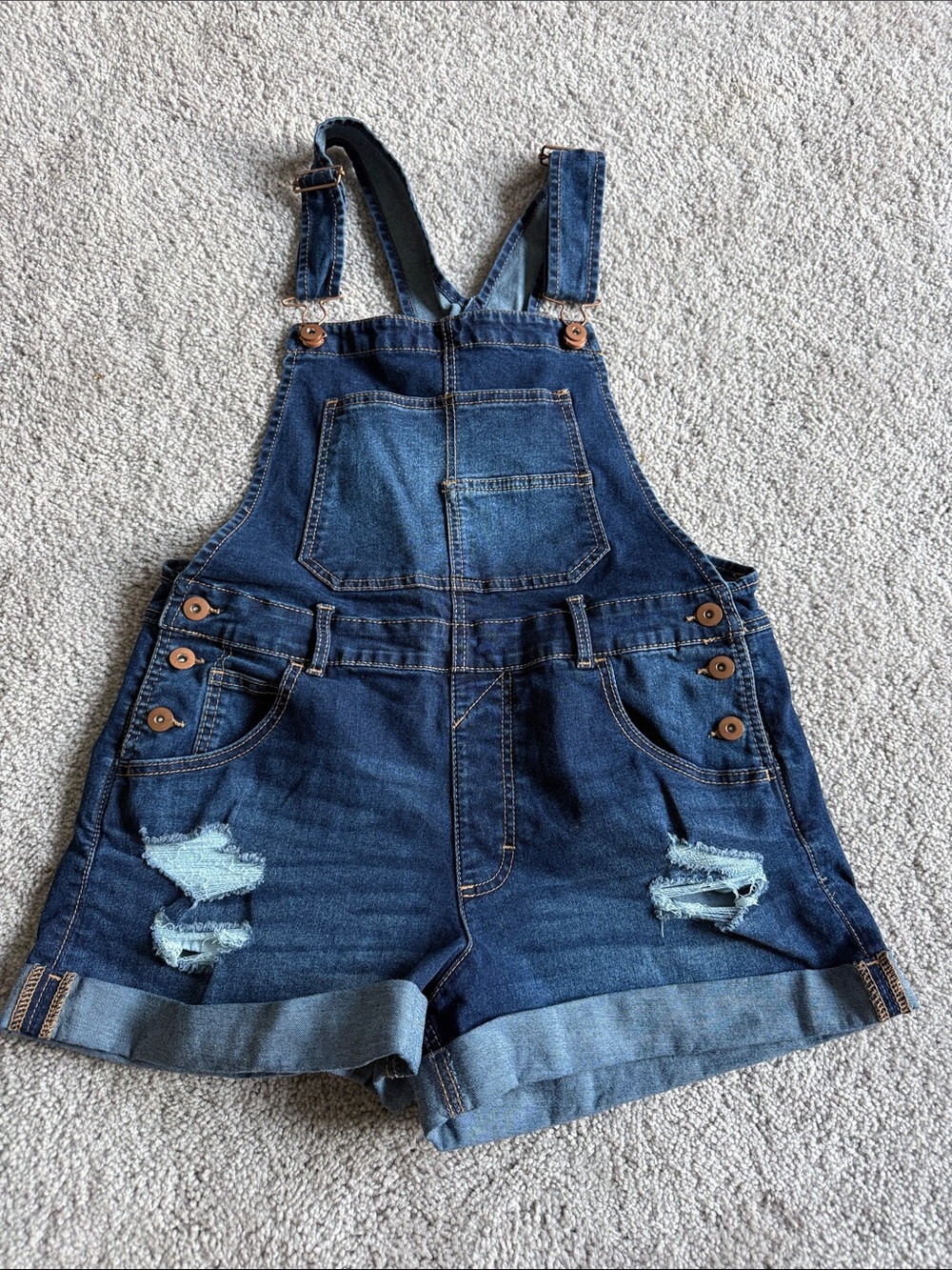 No Boundaries Dark Blue Distressed Denim Short Overalls